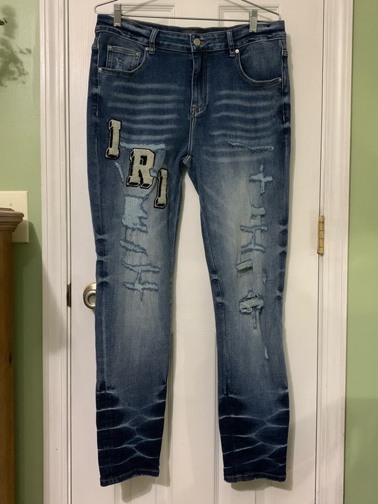 AMIRI Distressed Vintage Varsity Letter Patch Skinny Jeans 36
